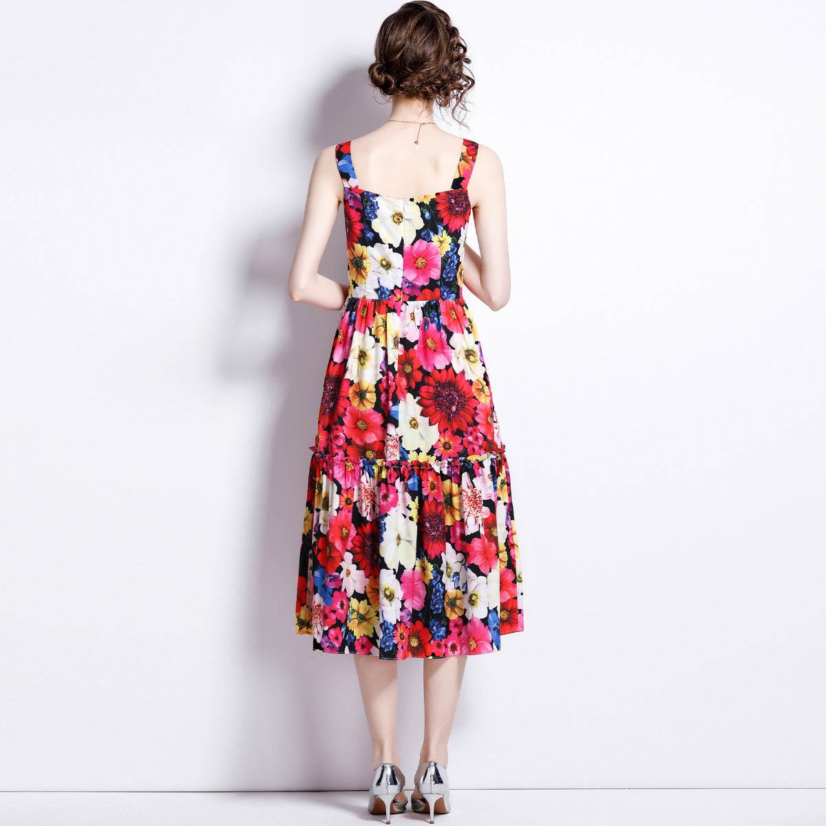 French Slip Dress Summer Print Flounces Vacation - Mubimart