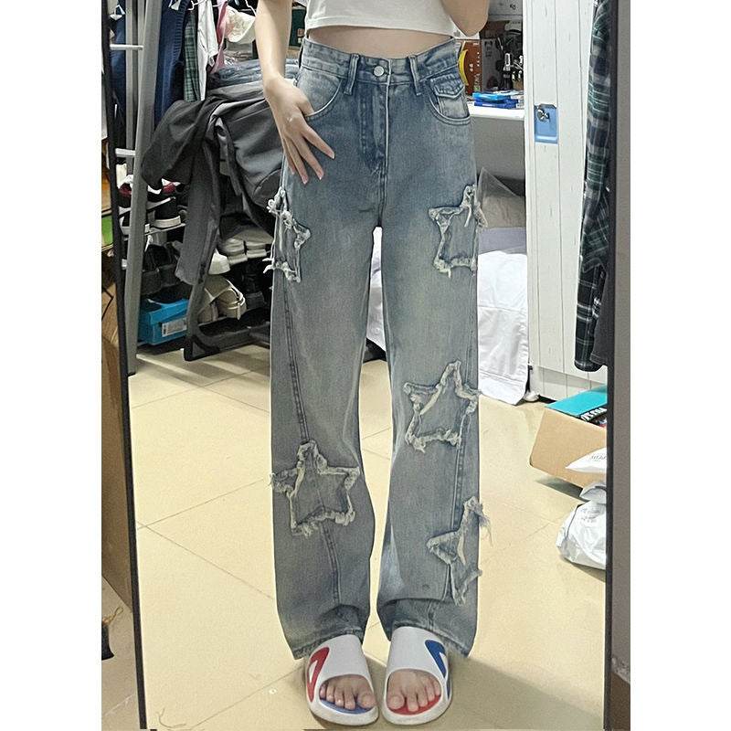 Blue XINGX Embroidered Jeans Women Loose Straight-leg Wide-leg Pants - Mubimart