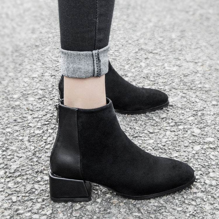 Retro Square Heel Pointed Toe Ankle Boots Fashion Versatile Chelsea Boot Women's Shoes - Mubimart