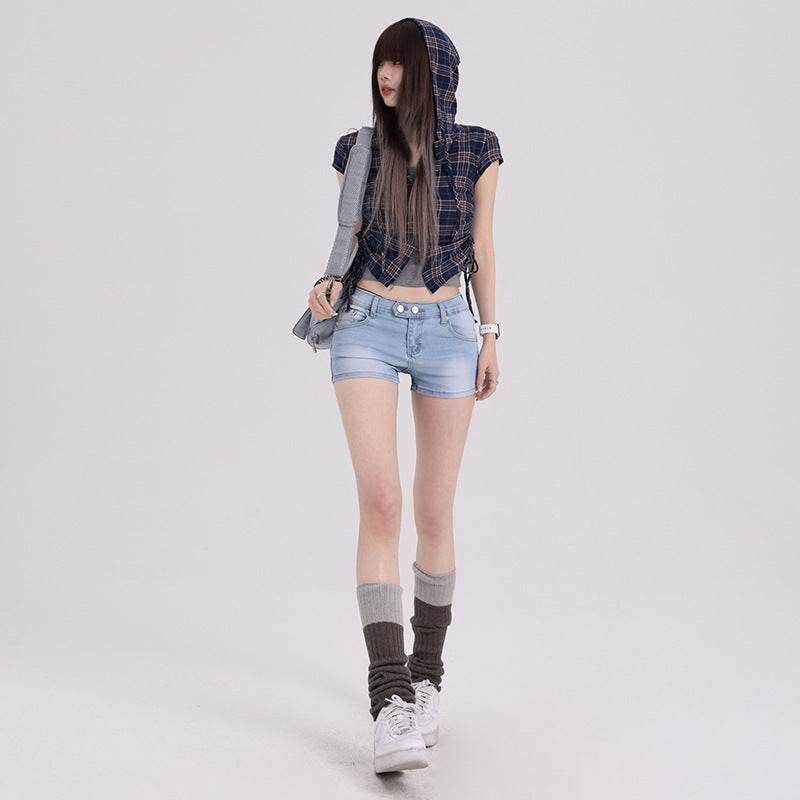 Elastic Low Waist Denim Shorts For Women - Mubimart