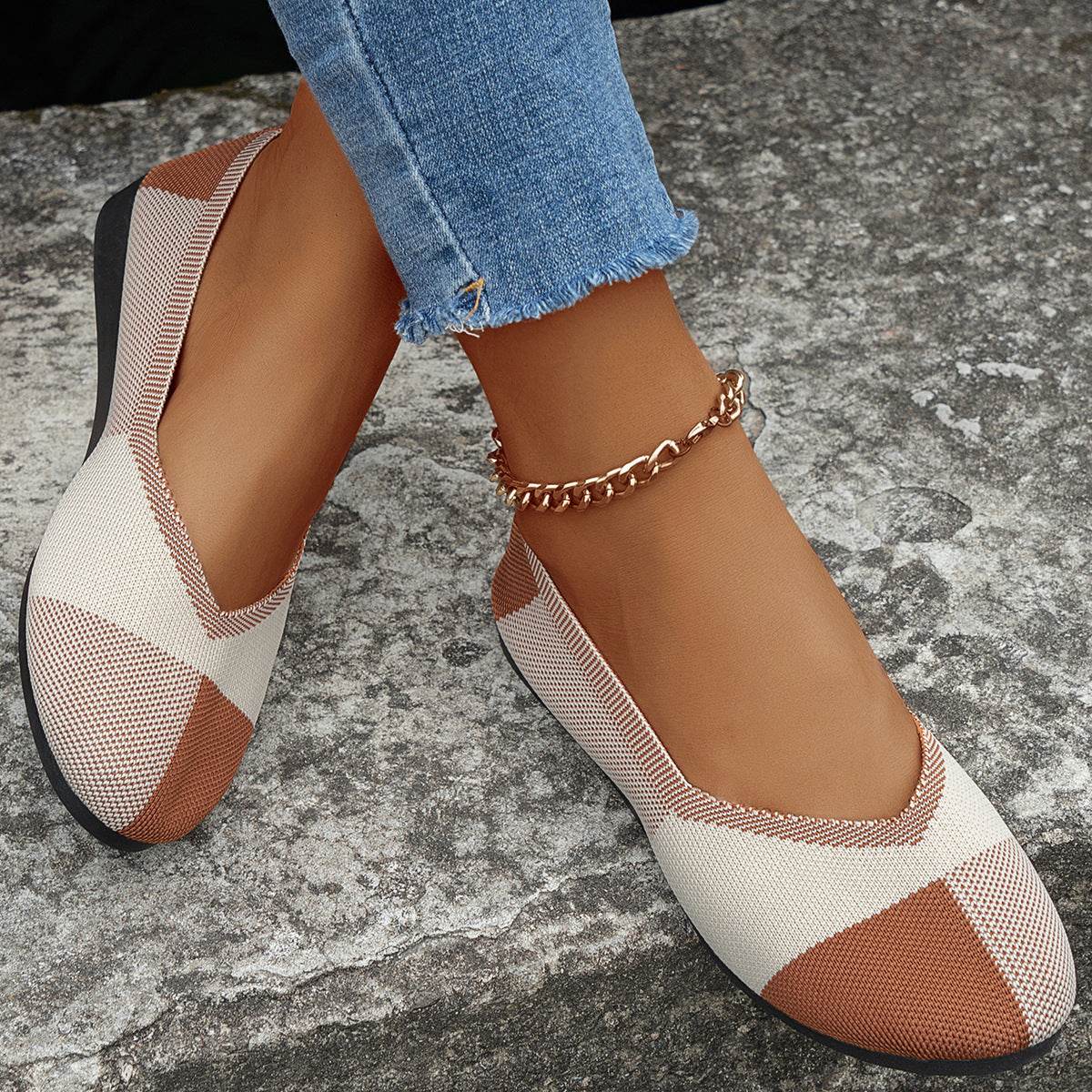 Fashion Colorblock Flats Shoes Flying Woven Breathable Cozy Loafers For Women - Mubimart