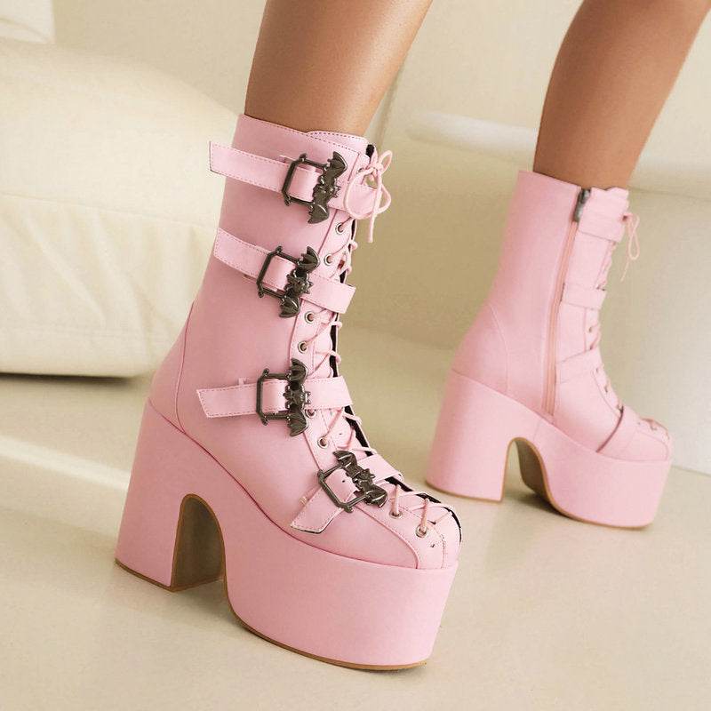 Hot Girl Punk Platform Martin Boots Women's Round Head Gothic Muffin Bottom Tall Knight Boots - Mubimart