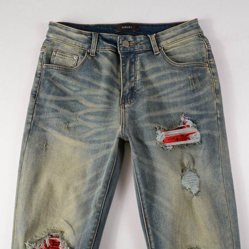 Men's Pleated Contrast Color Fit Jeans - Mubimart