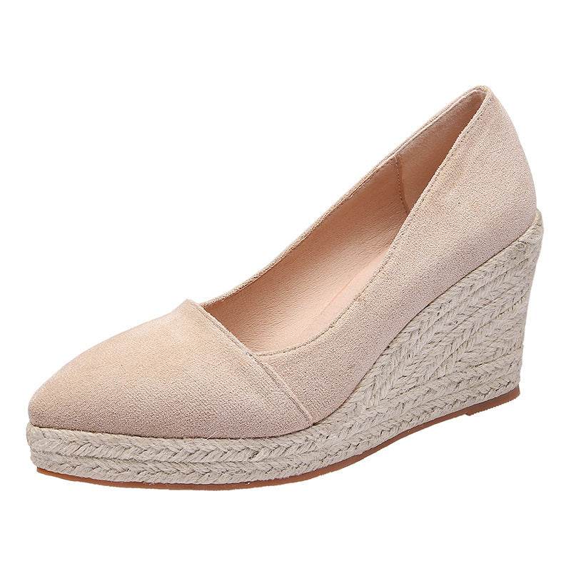 Pointed Toe Platform High Heel Work Shoes Thick Heel Straw Woven - Mubimart