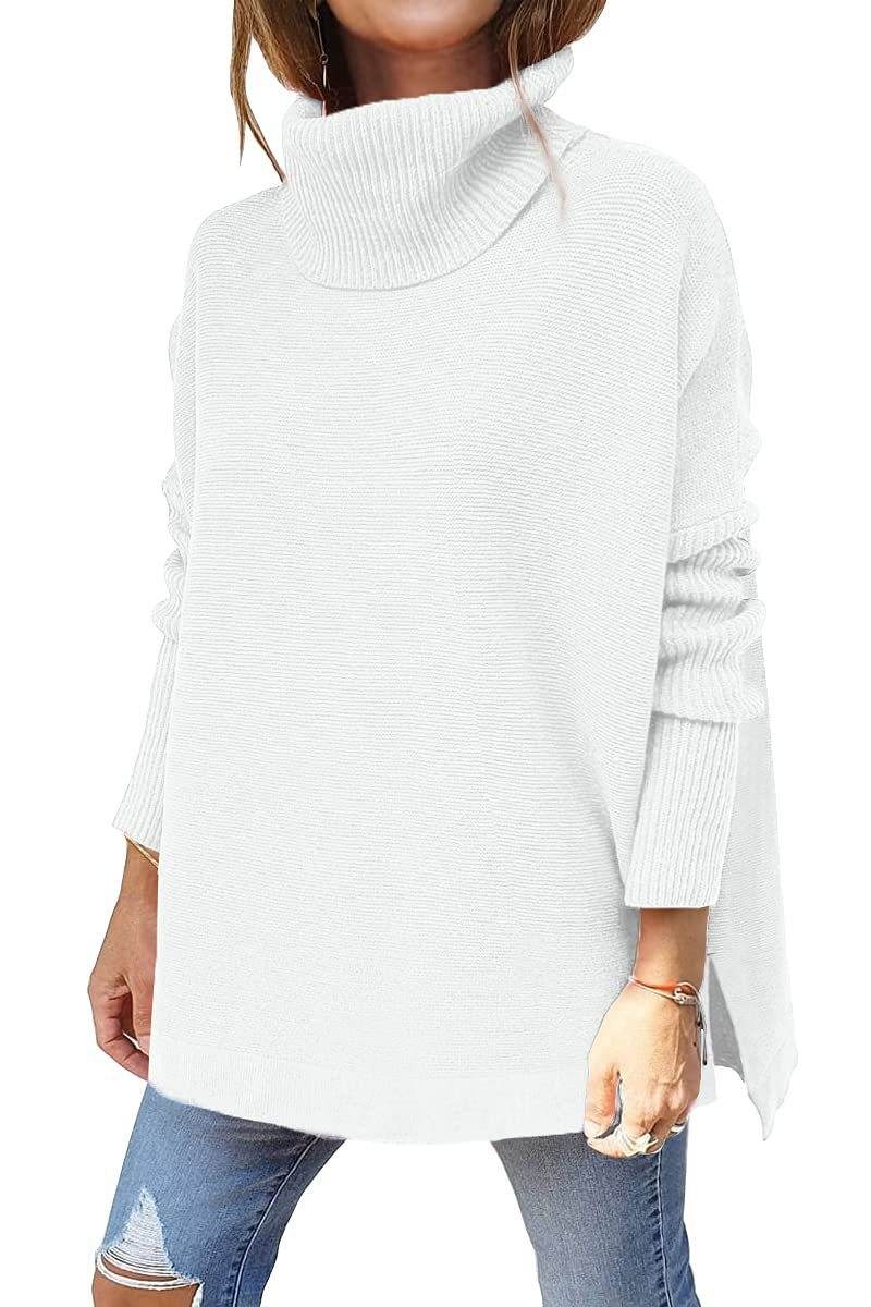 Turtleneck Sweater Mid Length Batwing Sleeve Slit Hem Tunic Pullover Sweaters Winter Tops Women Clothing - Mubimart