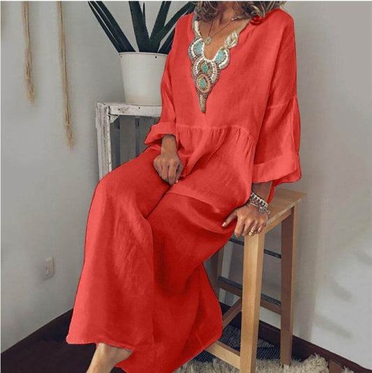 Loose Plus Size Casual Printed Long Sleeve Dress - Mubimart