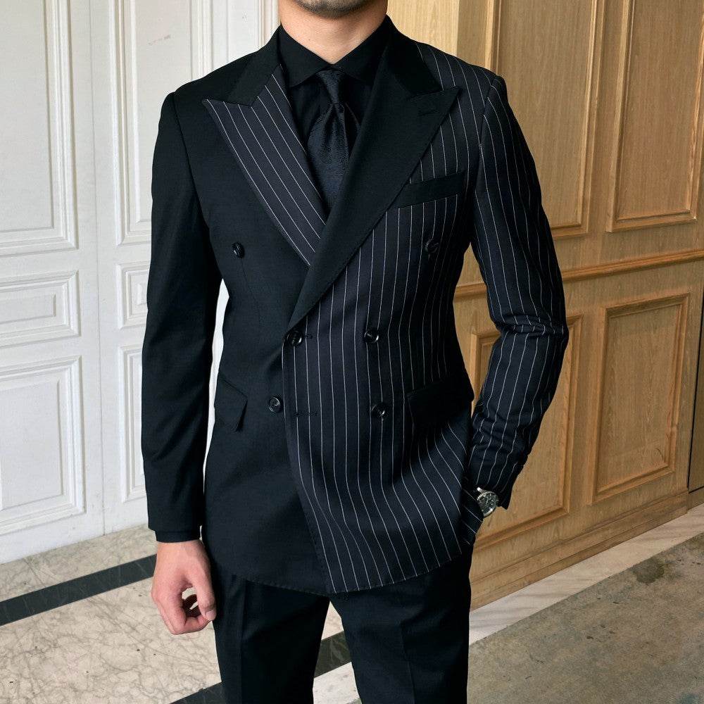 Striped Double Breasted Blazer Men Fashion Tailored Suit - Mubimart