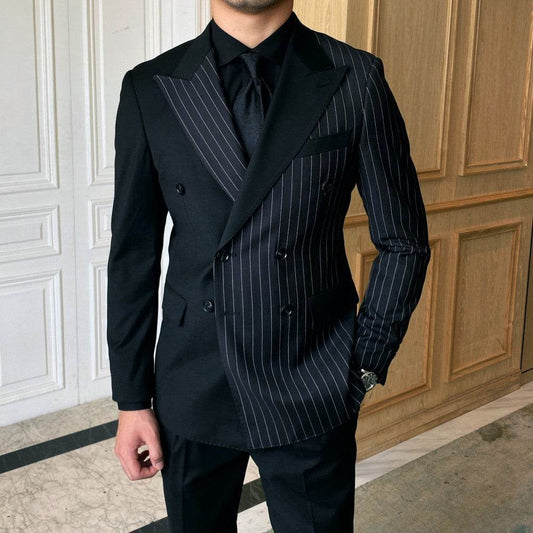 Striped Double Breasted Blazer Men Fashion Tailored Suit - Mubimart