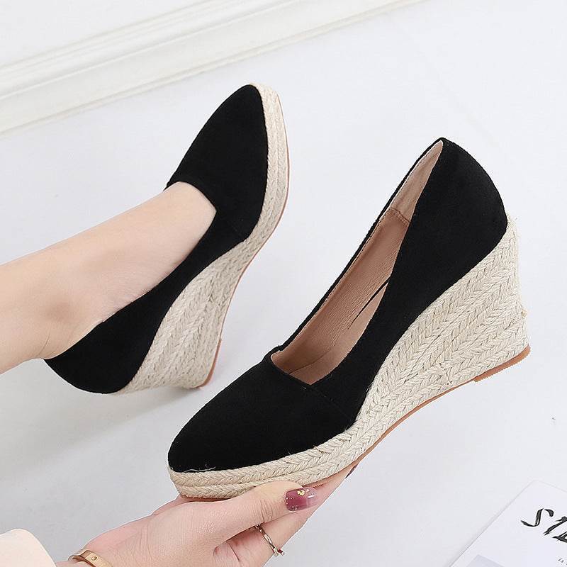 Pointed Toe Platform High Heel Work Shoes Thick Heel Straw Woven - Mubimart