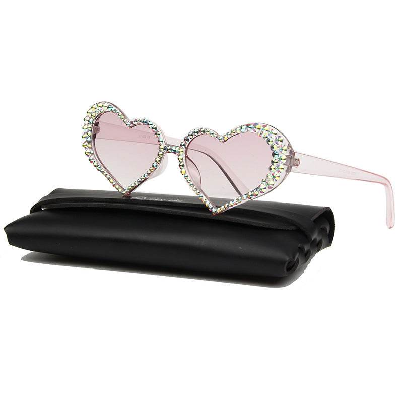 European And American New Peach Heart Diamond Sunglasses Female Cute Cat Eye Heart Shape - Mubimart
