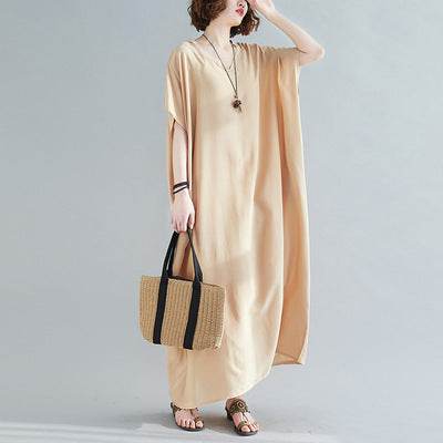 Plus Size Women's Bohemian V-neck Cotton Dress Solid Color Robe - Mubimart