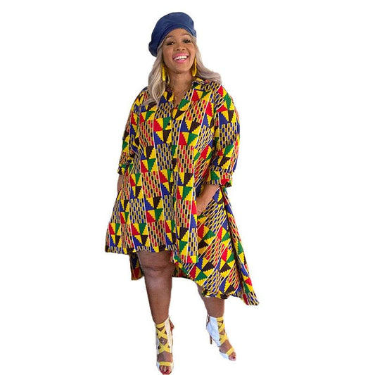 Women's Button Loose Fashion Casual Printed Plus Size Dress - Mubimart