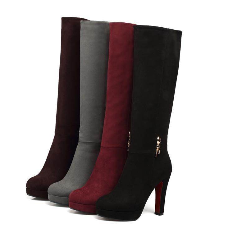 Block Heel Zip Solid Suede Tall Boots - Mubimart