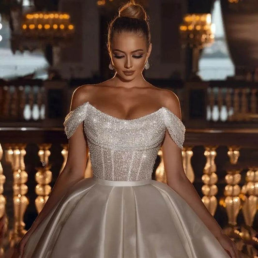 A-Line Off Shoulder Wedding Dresses Shiny Bohemia Women's - Mubimart