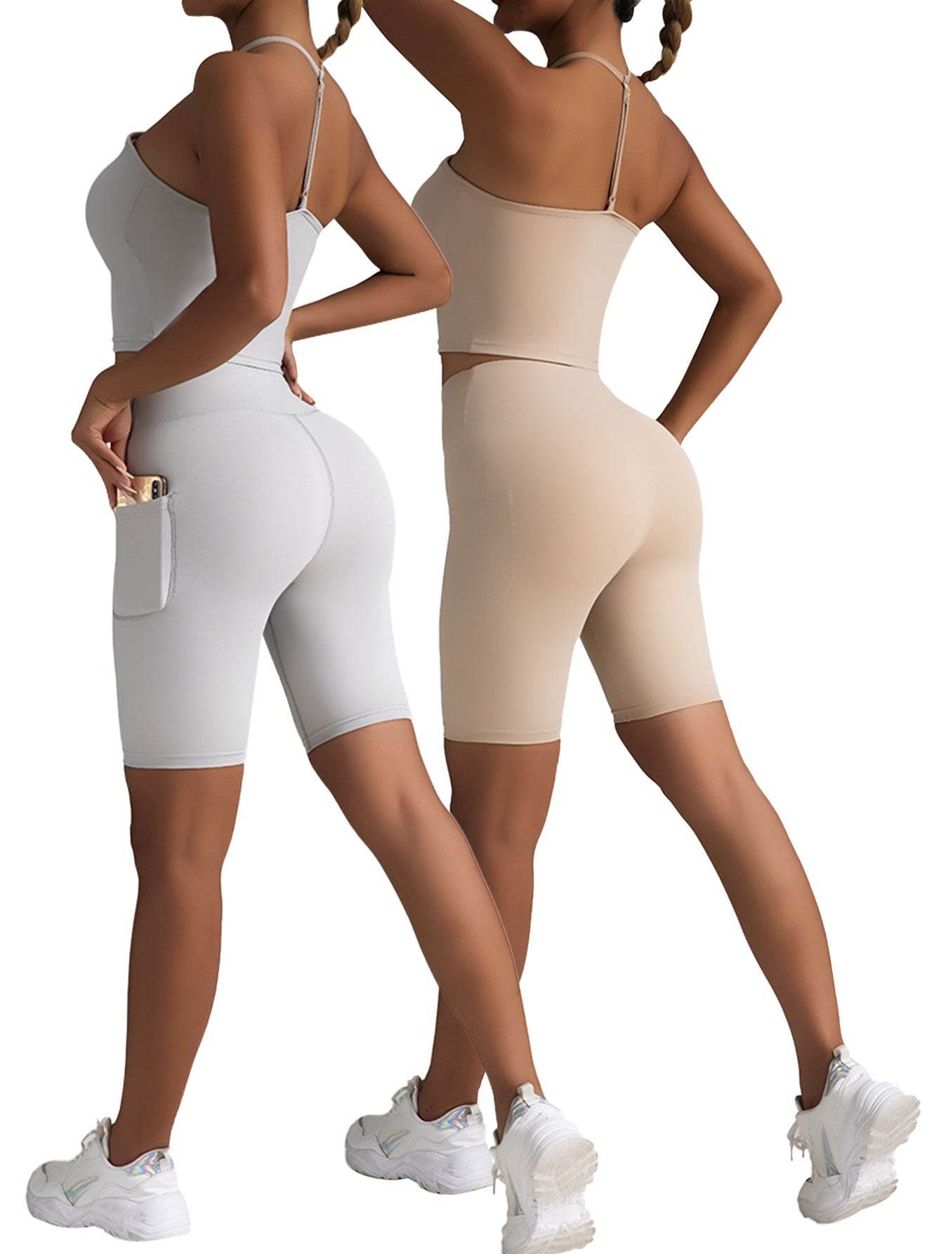 2 Pack High Waist Biker Shorts For Women-Workout Yoga Shorts Running Summer Soft Pants With Pockets - Mubimart