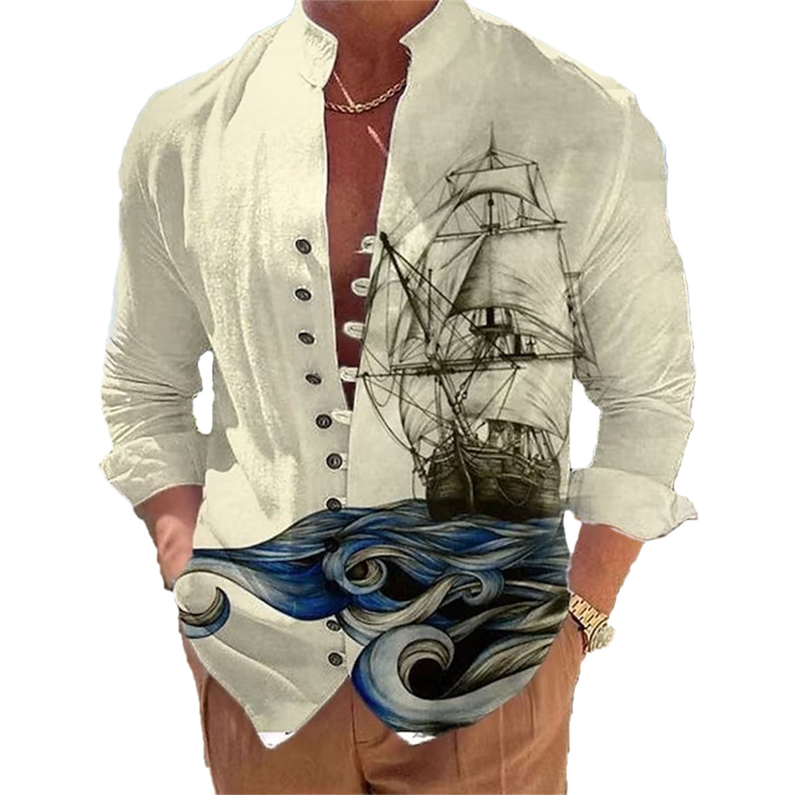 Men's Fashion 3D Vintage Print Sailboat Stand Collar Long Sleeve Button-down Shirt