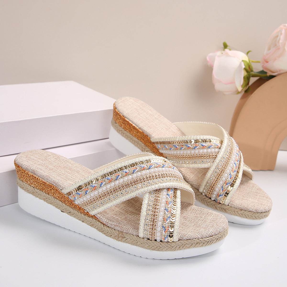 Linen Wedge Sandals Summer Ethnic Style Cross-strap Sandals For Women Non-slip Slides Beach Shoes - Mubimart