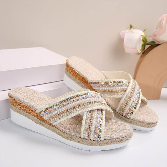 Linen Wedge Sandals Summer Ethnic Style Cross-strap Sandals For Women Non-slip Slides Beach Shoes - Mubimart