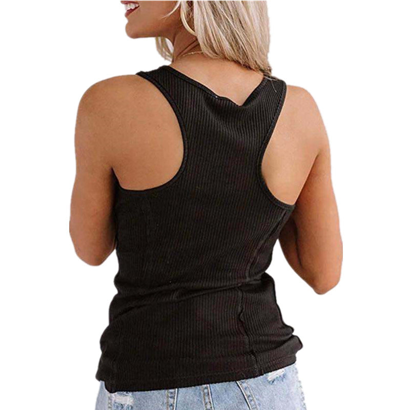 Solid Color Button Sleeveless Tank Top T Shirt Women - Mubimart -  