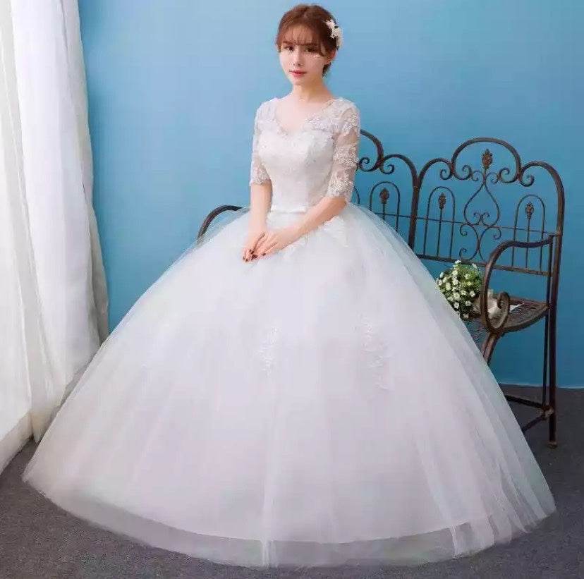 Half Sleeve Wedding Dresses Long Train Bridal Gown - Mubimart