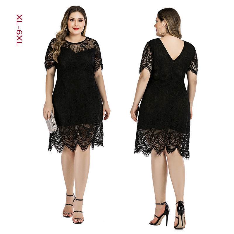Summer Amazon Hot Large Size Women's Lace Dress Eyelash Plump Girls Waist Slimming Mini Midi Dress - Mubimart
