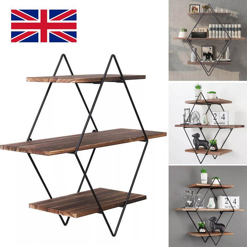 3 Tiered Floating Wall Mounted Display Shelf Wooden Shelves Black Frame Shelving - Mubimart