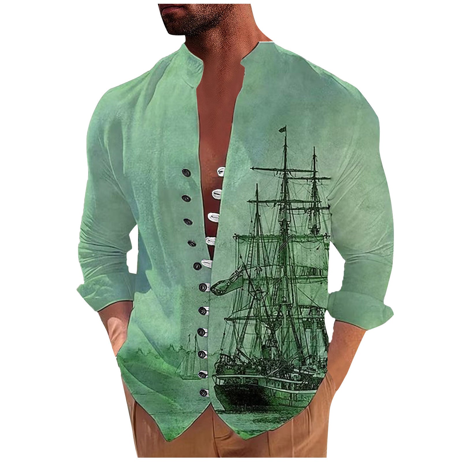 Men's Fashion 3D Vintage Print Sailboat Stand Collar Long Sleeve Button-down Shirt