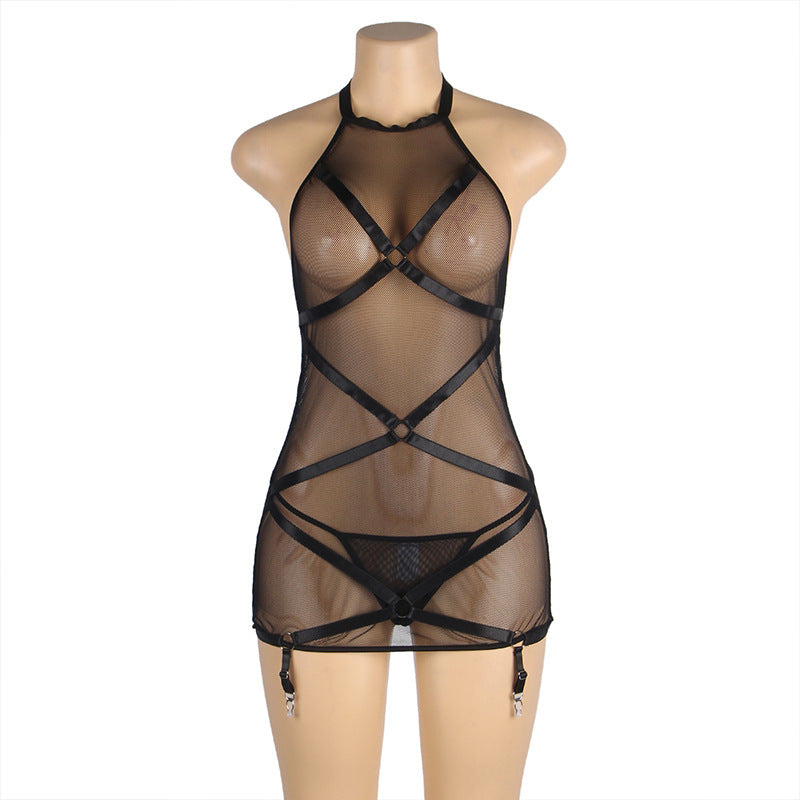 Hanging Neck Mesh Bound Garter Belt Jumpsuit - Mubimart -  