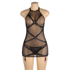 Hanging Neck Mesh Bound Garter Belt Jumpsuit - Mubimart -  