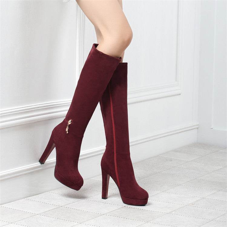 Block Heel Zip Solid Suede Tall Boots - Mubimart