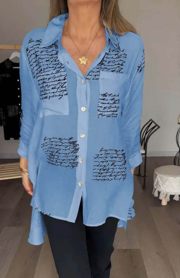 Letter Print Long Sleeve Shirt Fashion Commuter Style Lapel Shirt Women's Clothing - Mubimart