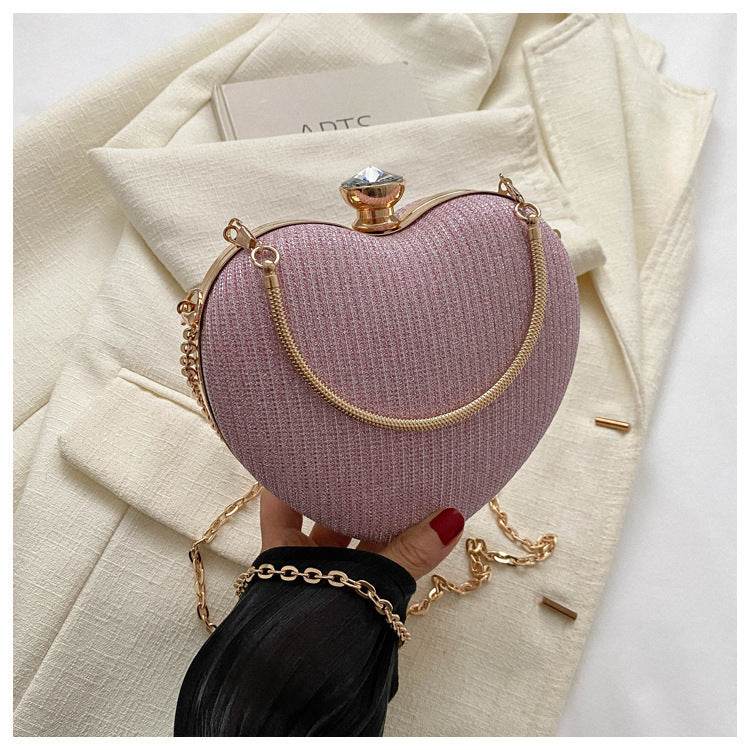 Evening Clutch Bag Women Bag Shiny Handbag Heart Shape Metal Clutches Bag Fashion Chain Shoulder Crossbody Bag Luxury Lady Purse Valentines Day Outfit - Mubimart