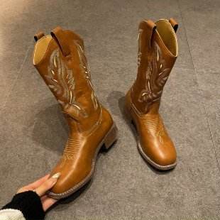 Women's Mid-calf Embroidered Martin Boots - Mubimart