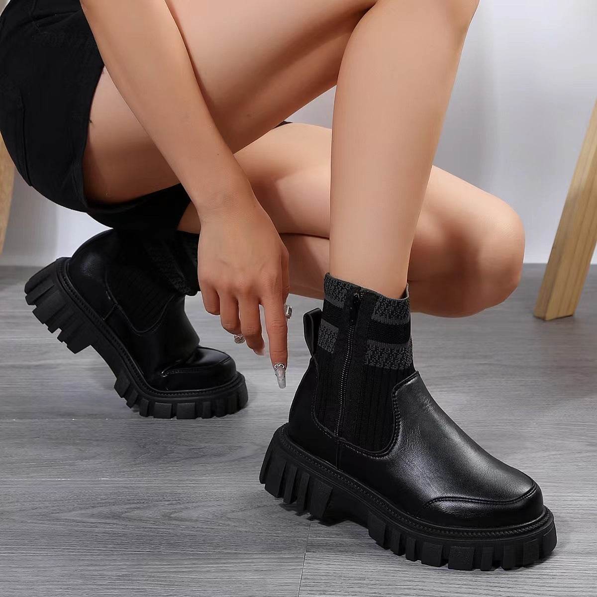 Fashion Mid-tube Boots With Zipper Design Non-slip Thick Sole Elastic Knitted Patchwork Boots For Women Round Toe Shoes Winter - Mubimart