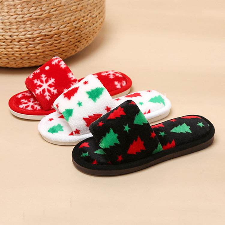 Christmas Tree Home Slippers Fashion Floor Bedroom Open-toe Plush Slippers For Women Fuzzy House Shoes - Mubimart