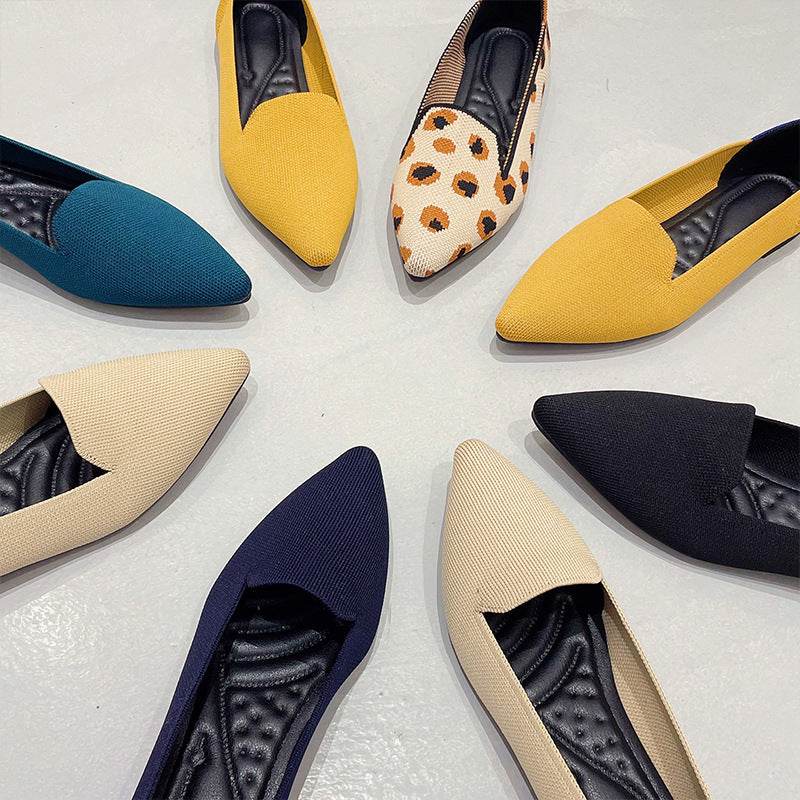 Women's Flying Pointed Toe Flat Knitted Roll Shoes - Mubimart
