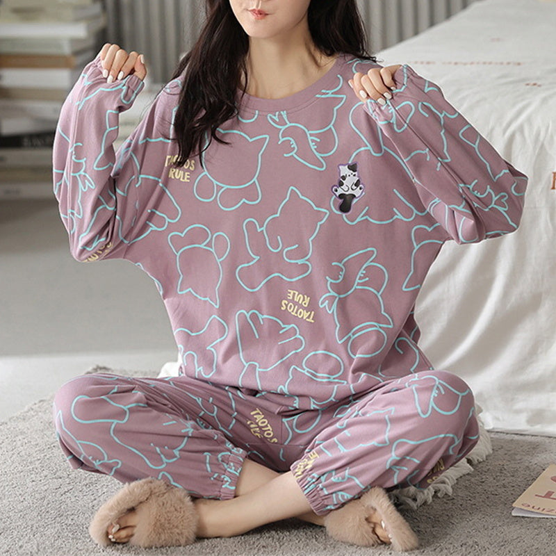 Loose Print Pajamas Women Autumn Winter Pyjama Set Long Sleeves And Trousers Elegant Sleepwear Girl Loungewear Home Clothes - Mubimart -  