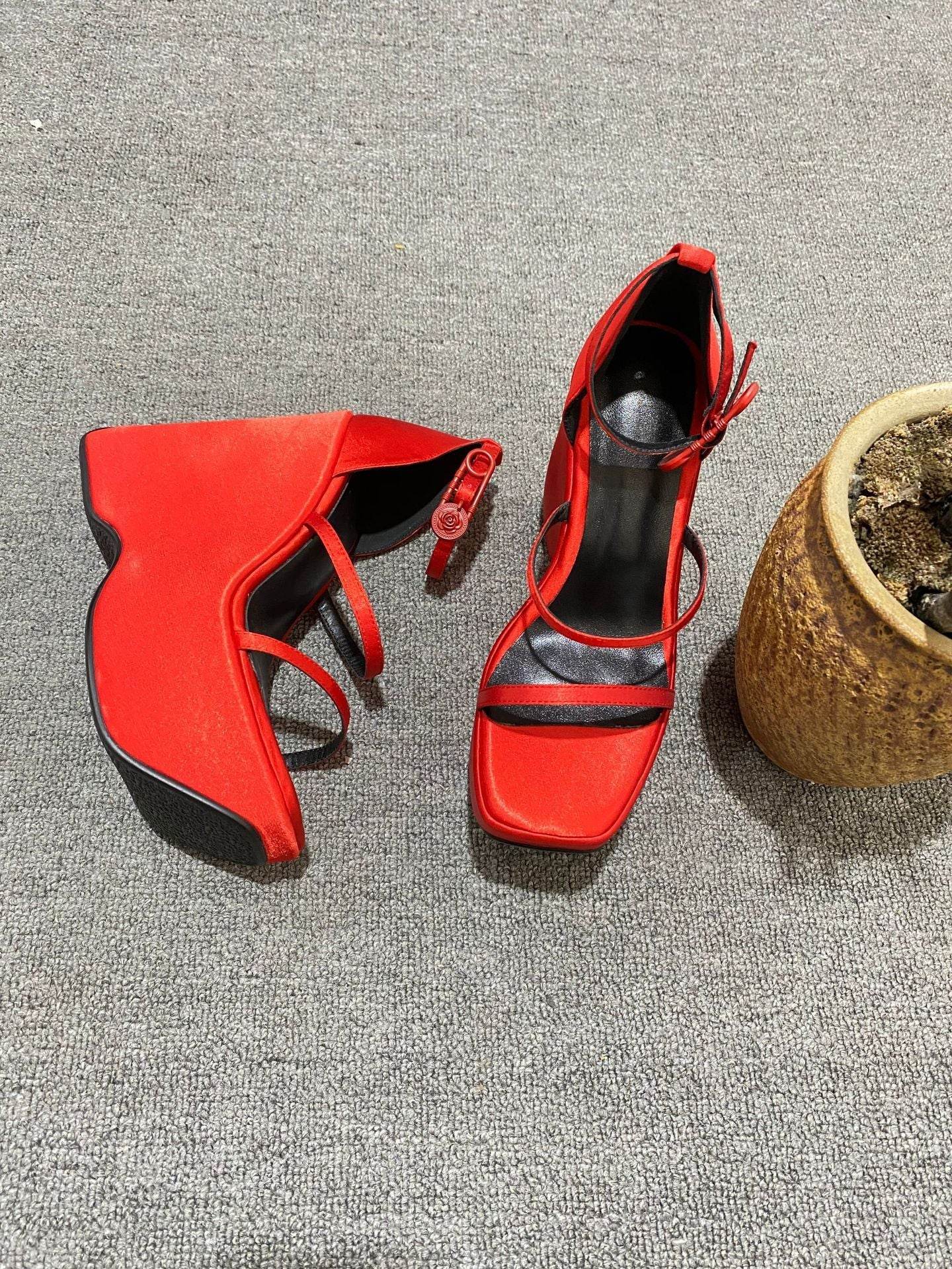 Wedge Square Toe Sandals Stiletto Heels - Mubimart