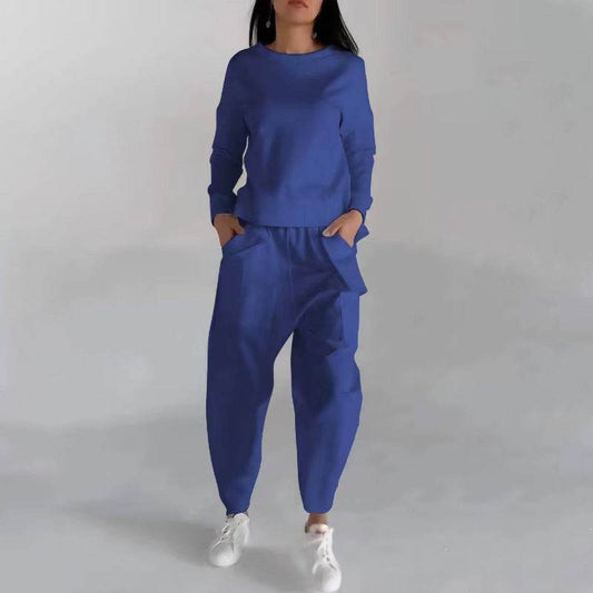 Solid Color Fashion Sweatshirt Long Sleeve Back Slit Top With Pockets Loose Trousers Women's Clothing - Mubimart