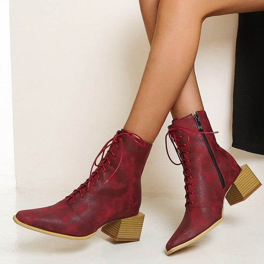 Martin Boots Women Thick Heel Pointed Toe Zipper Short Boots Women - Mubimart