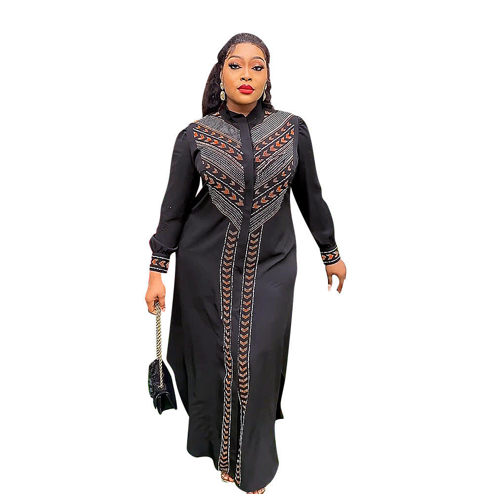 Women's Black Rhinestone Robe African Beaded Cardigan Plus Size Dress - Mubimart -  