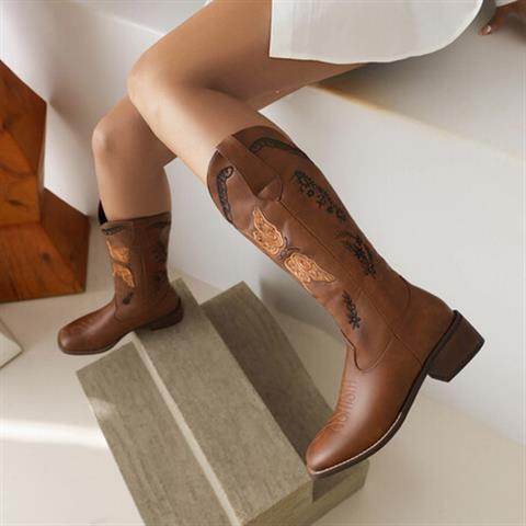 Embroidered Square Toe Mid-heel Boots For Women - Mubimart
