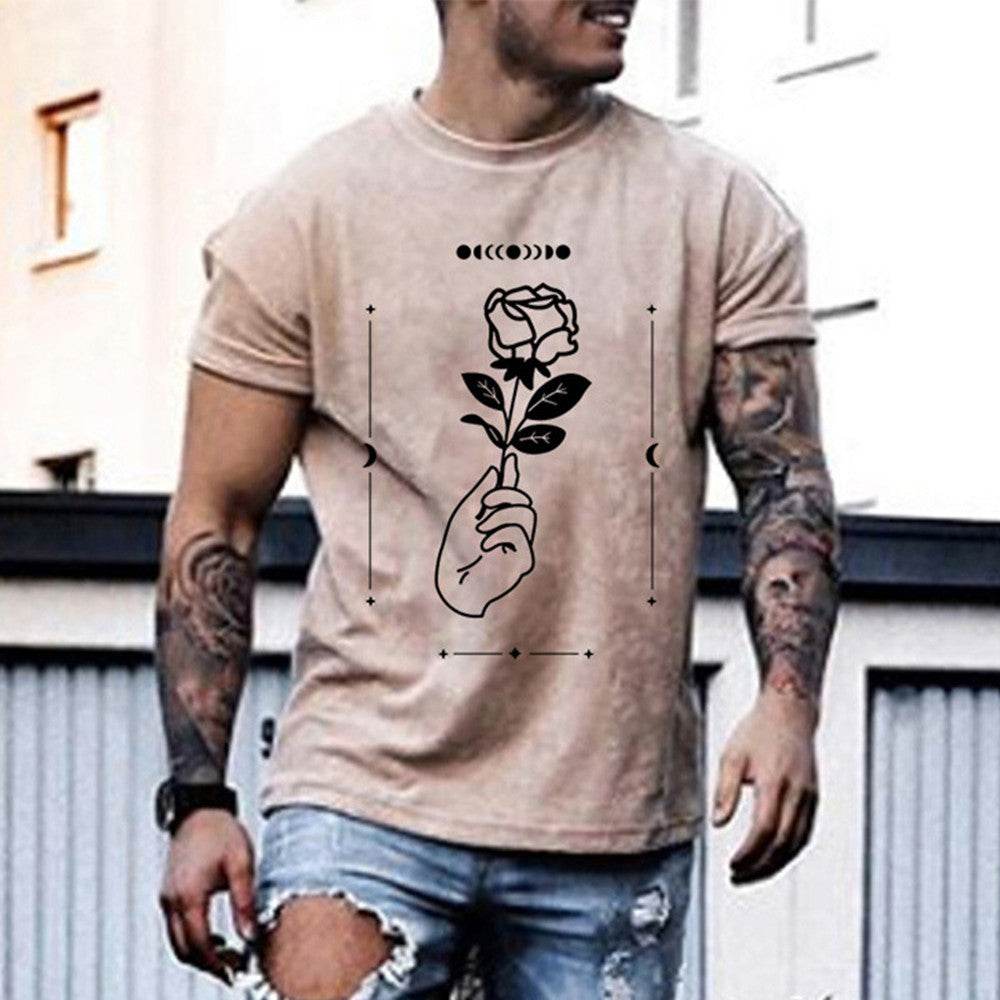 Plus Size Mens Rose Print T-Shirt Crew Neck - Mubimart