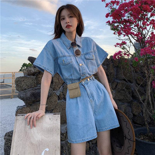 Workwear Denim Jumpsuit Women Summer Thin - Mubimart