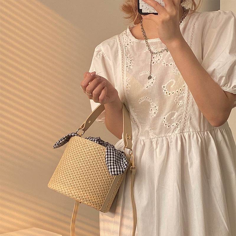 Women's Fashion Summer Bags All Match Bucket Straw Bag - Mubimart