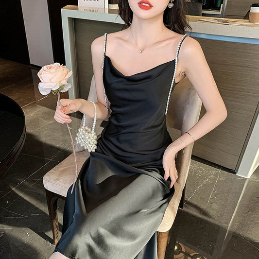 Silk Satin Slip Dress Feminine Waist - Mubimart