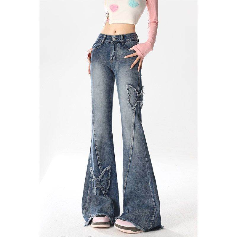 American Retro Butterfly Embroidery Slightly Flared Jeans Women - Mubimart