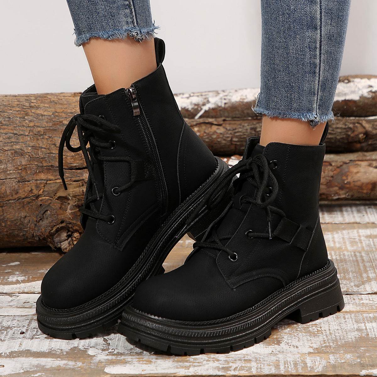 Square-heeled Lace-up Boots For Women Fall Winter All-match Slim Shoes Fashion Ankle Boot - Mubimart