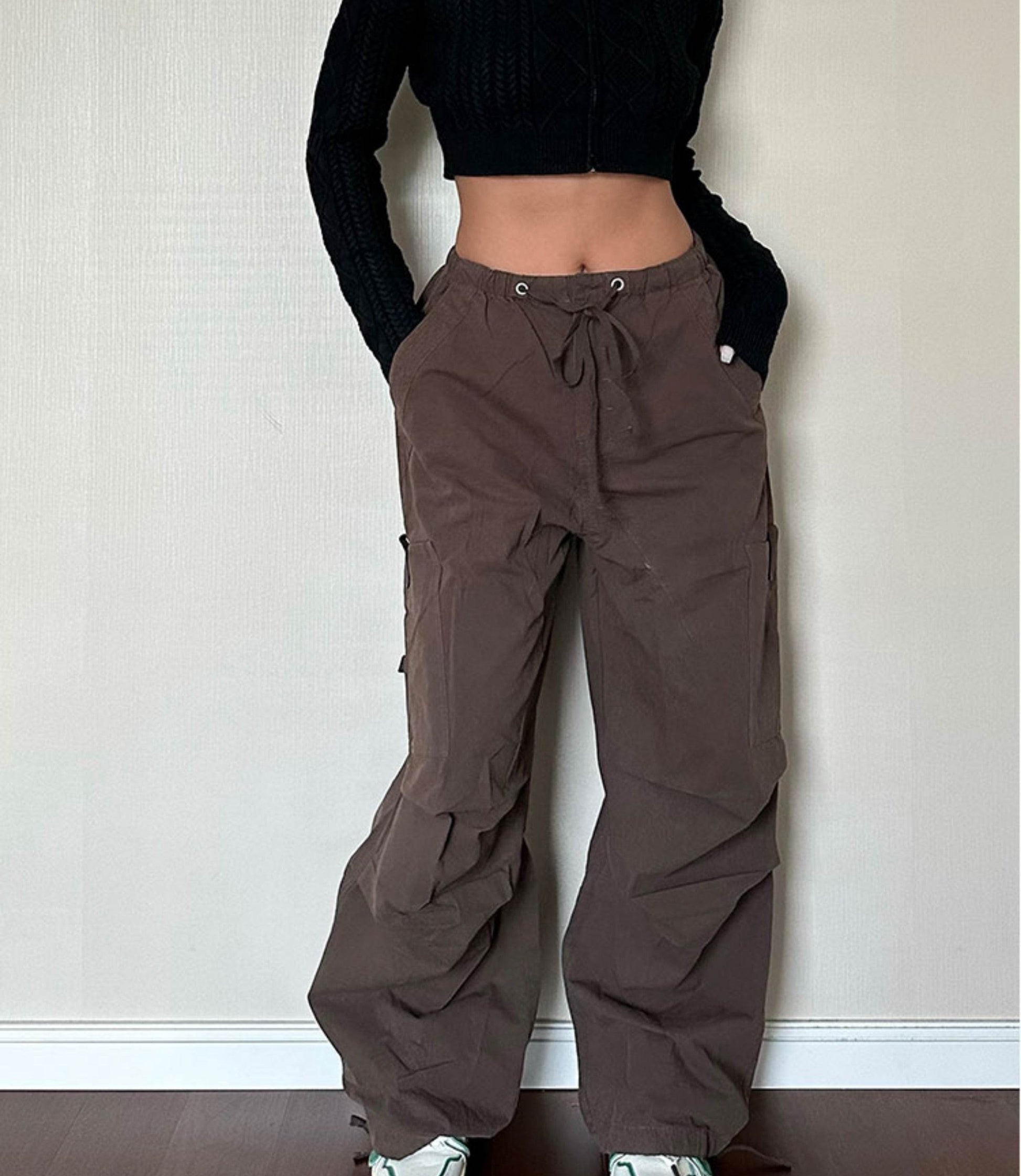 Straight Tube Loose Pocket Cargo Pants For Women - Mubimart