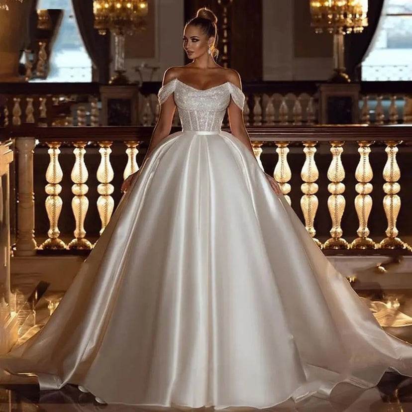 A-Line Off Shoulder Wedding Dresses Shiny Bohemia Women's - Mubimart